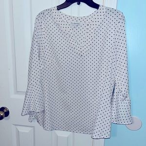 NEW WITH TAGS.  Classic white blouse with tiny black polka dots.